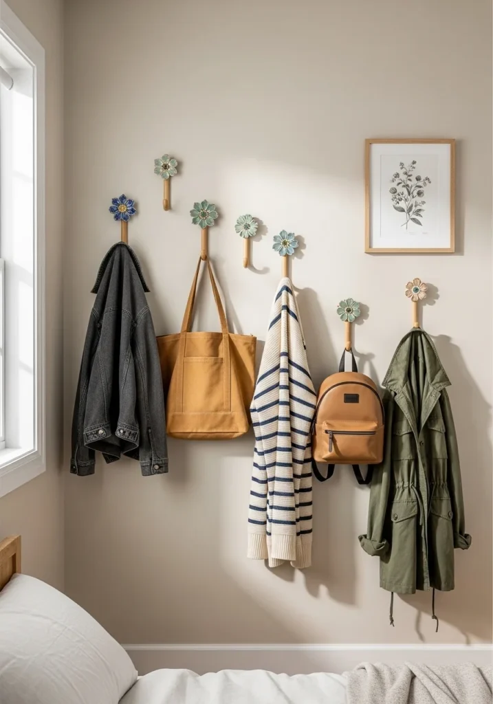 Wall hooks used to hang everyday essentials in a small space