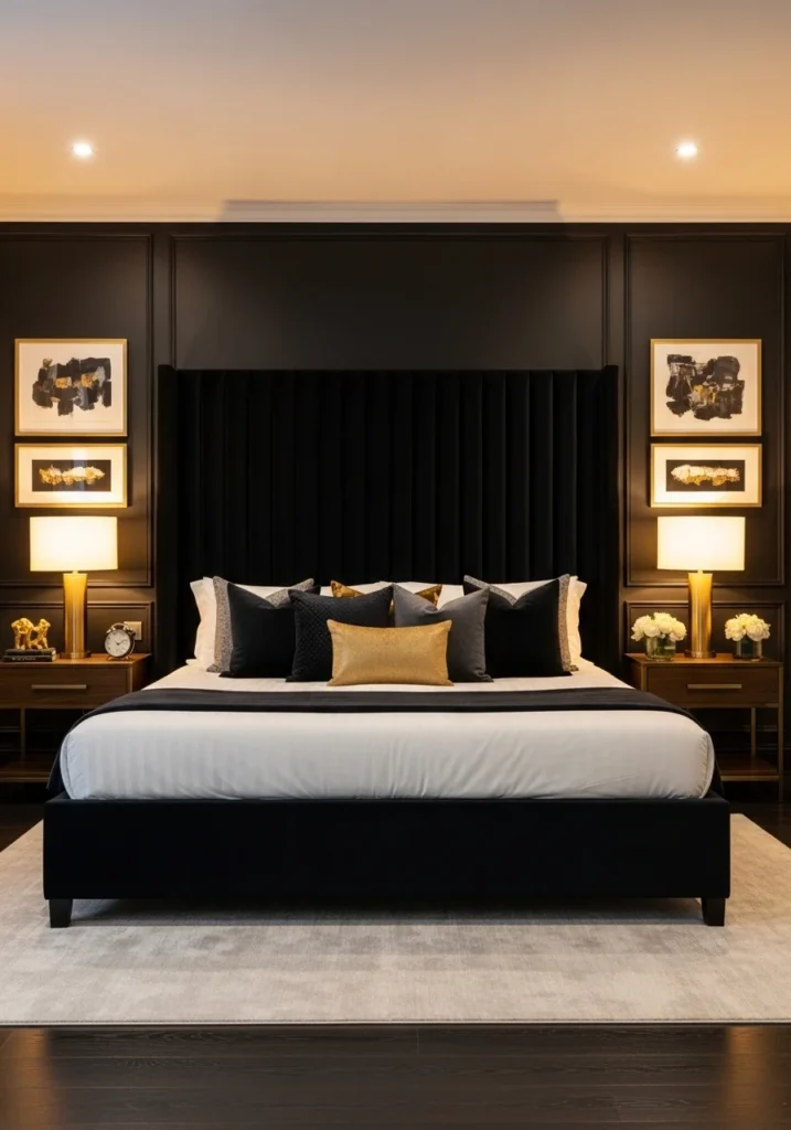Black accent wall with statement headboard creating a focal point