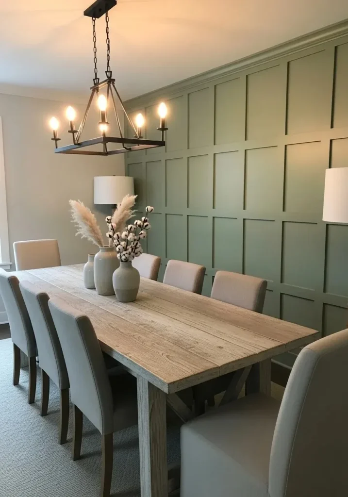 dining room with green board and batten wall paneling and wooden table
