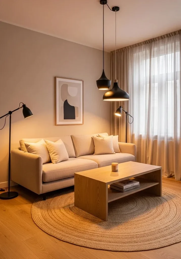 black lighting fixtures in beige living room modern decor