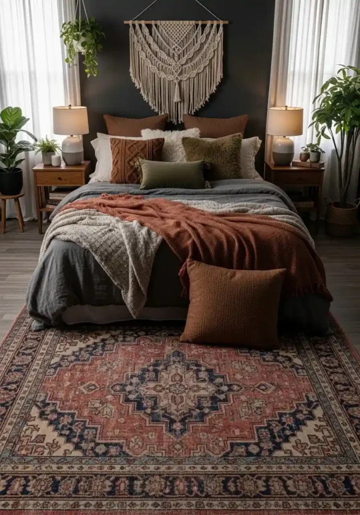 Dark boho bedroom with a vintage Persian rug for warmth.