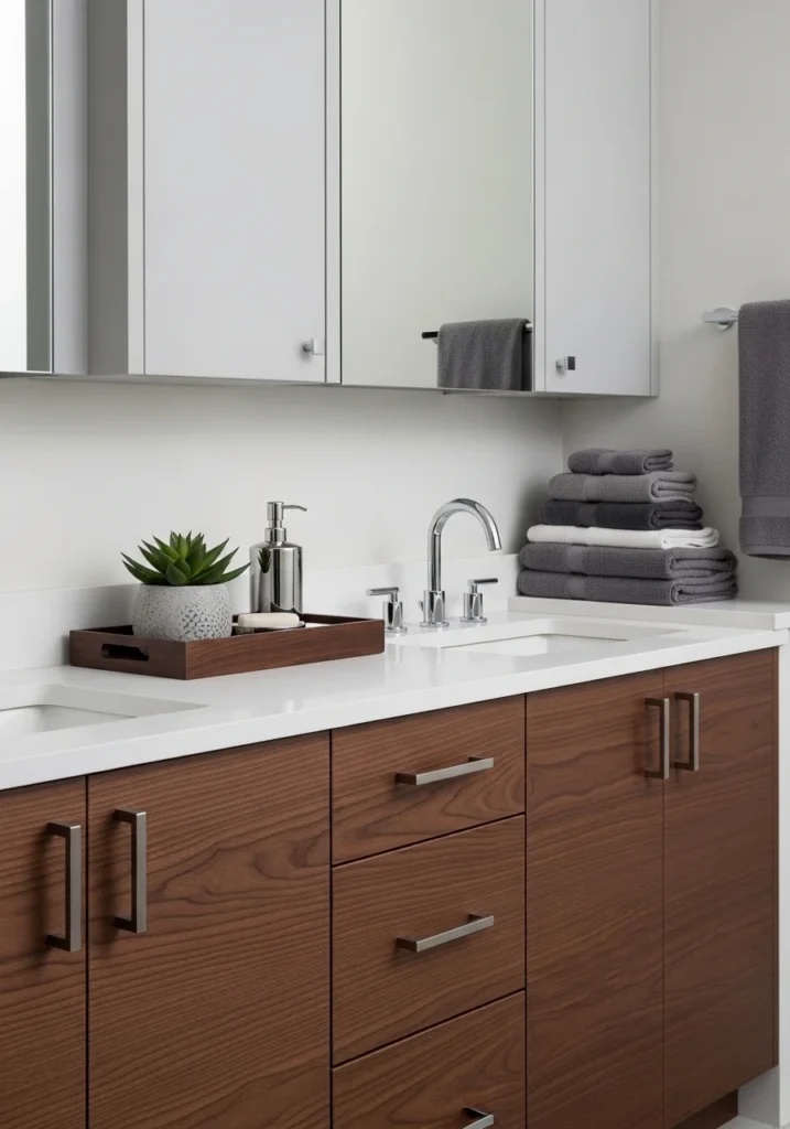 Two-tone bathroom cabinets with dark wood bottom and light top sections