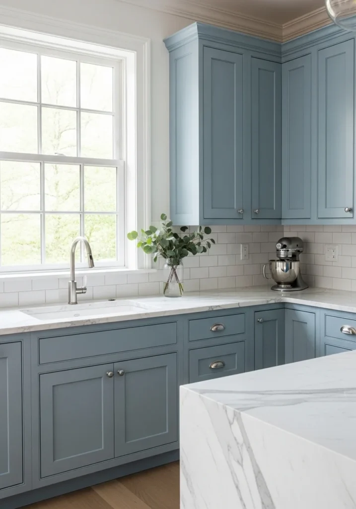 Powder blue kitchen cabinets paired with elegant marble countertops