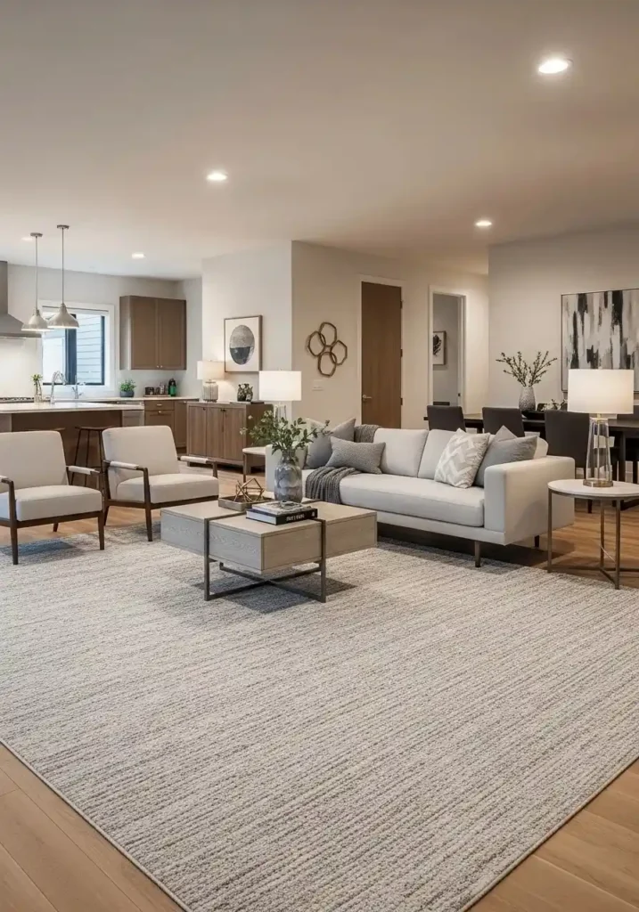 large area carpet defining seating area