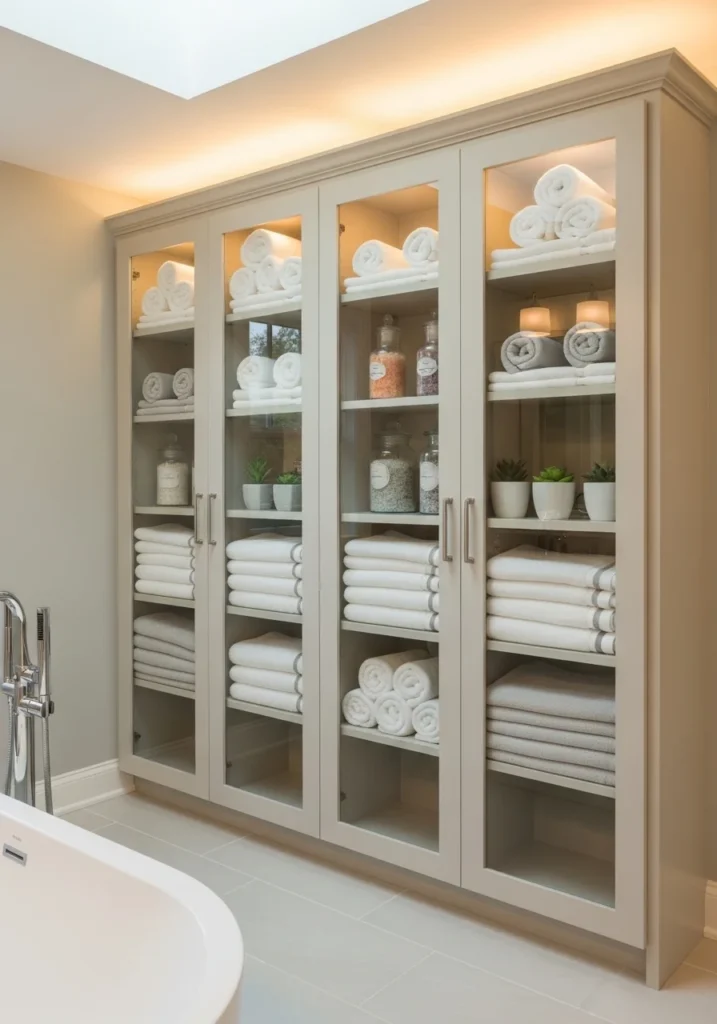 Glass-front bathroom cabinet displaying towels and decorative items