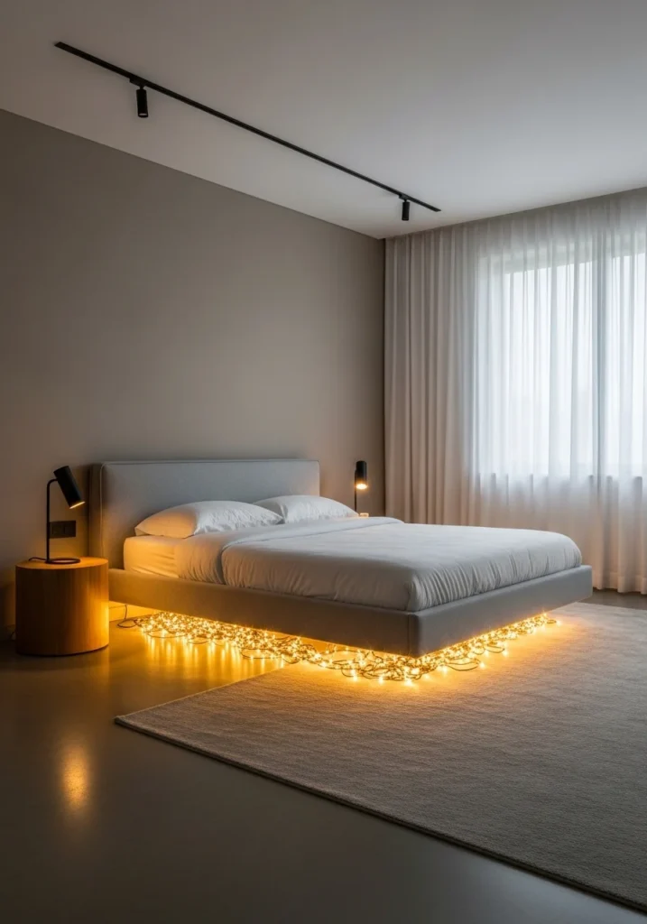 Fairy lights under bed creating a floating lighting effect
