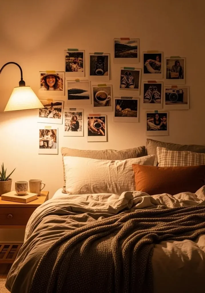 College bedroom with Polaroid style photo wall and cozy aesthetic decor.