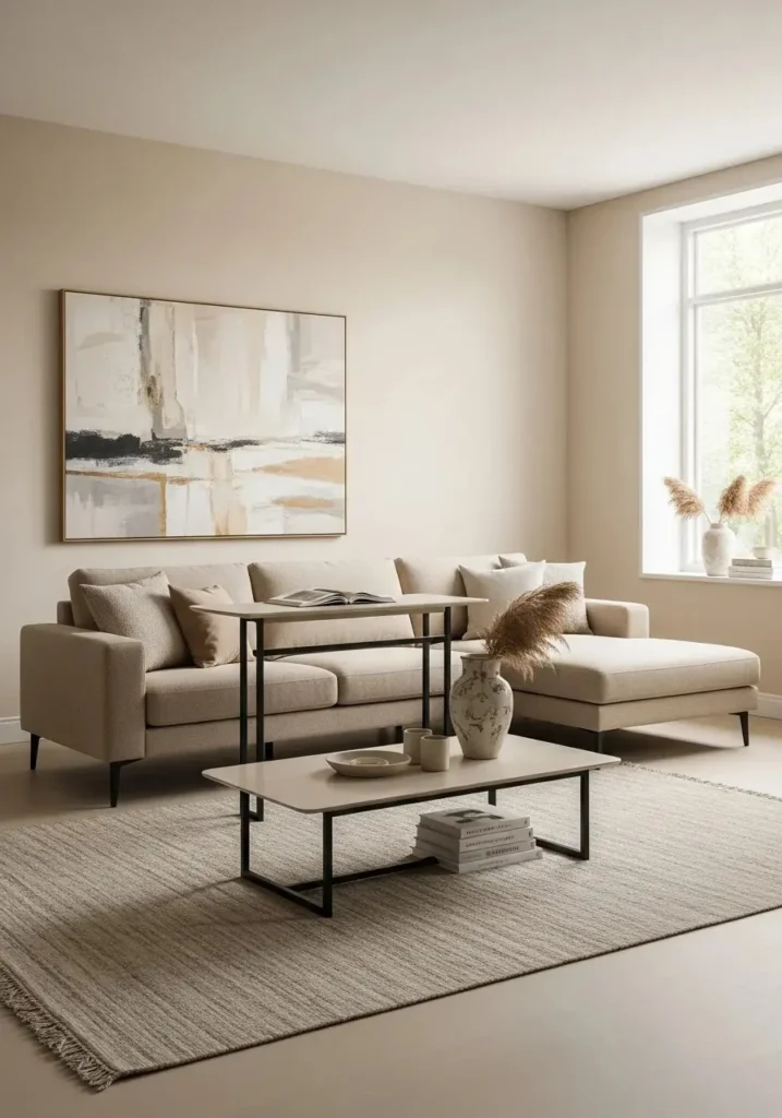 beige sectional with black metal accents modern living room