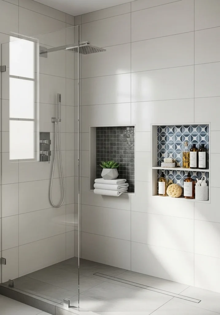 Frameless shower with built-in niches for stylish storage and organization