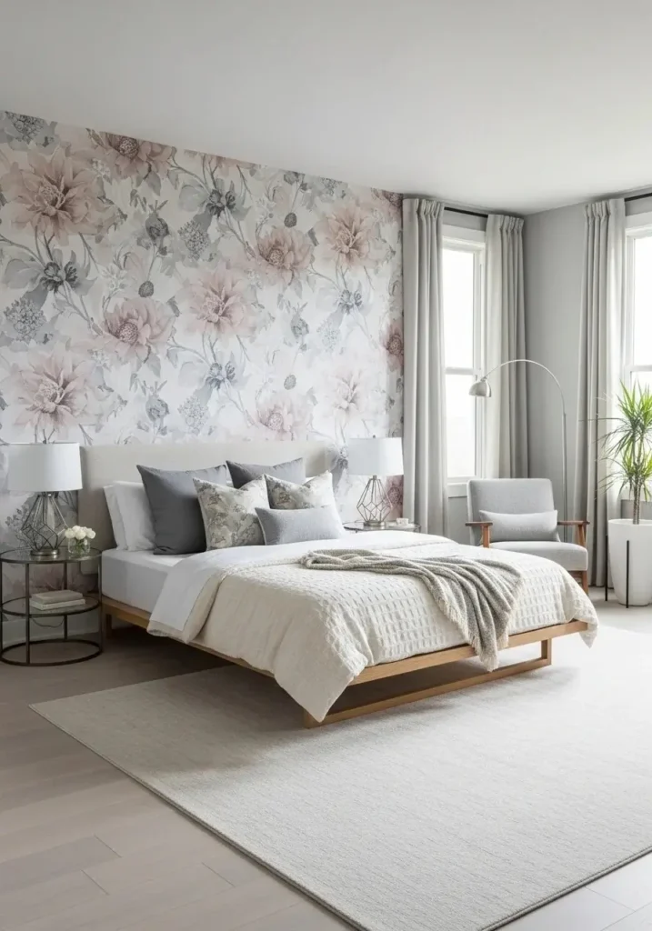 Wallpaper feature wall in a modern bedroom.