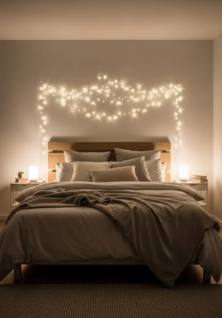 Bedroom with fairy lights above headboard creating a cozy glowing frame