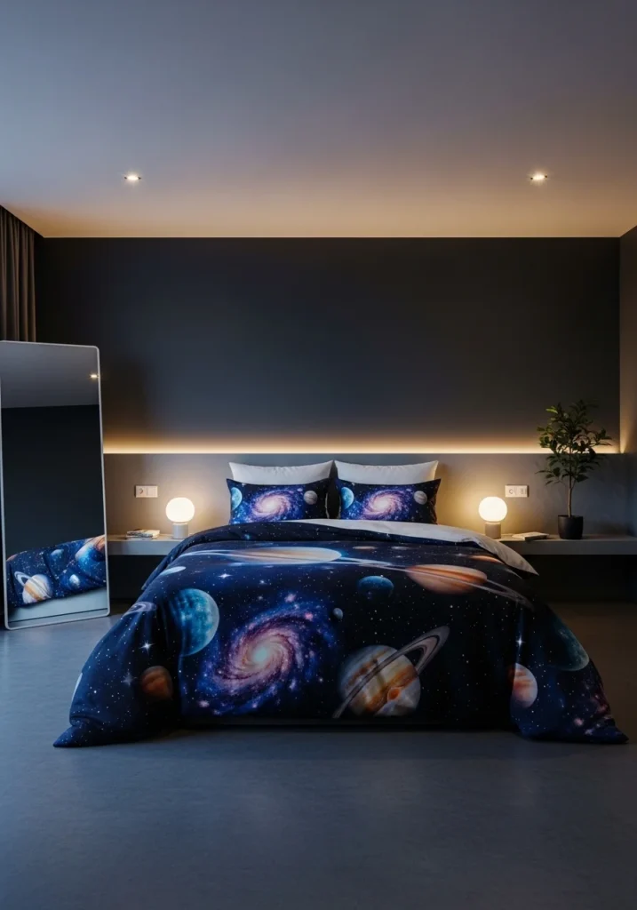 Space themed bedroom with planet printed bedding and dark cozy colors.