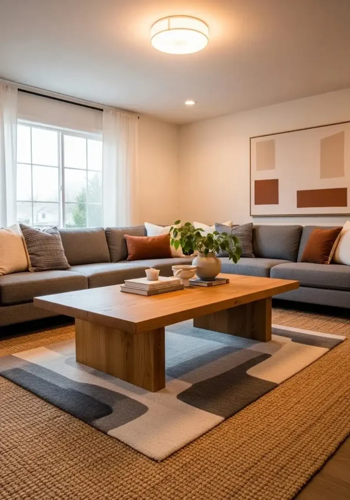 Wooden coffee table anchors a gray and brown living room, adding natural texture and cozy style.