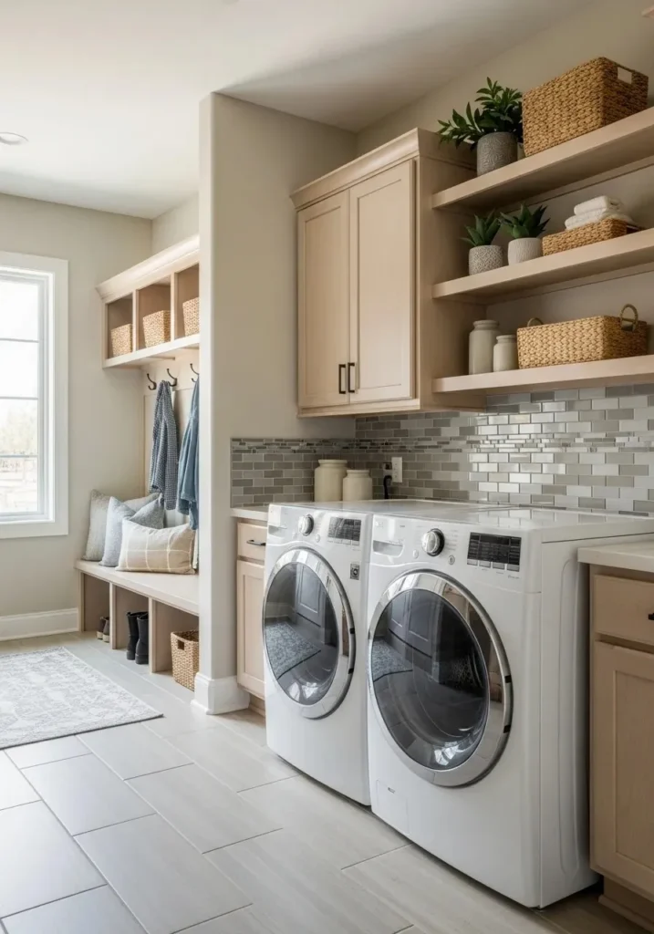 Waterproof walls and tile backsplash in a mud room laundry room combo.
