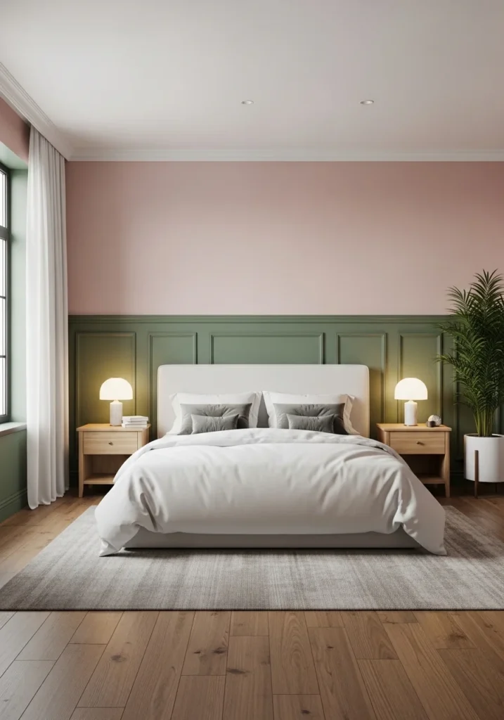green paneling with pink walls bedroom design