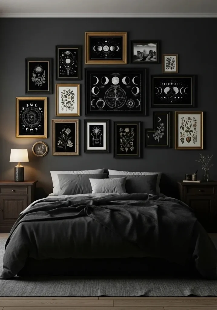 Whimsigoth bedroom gallery wall with mystical and gothic artwork.