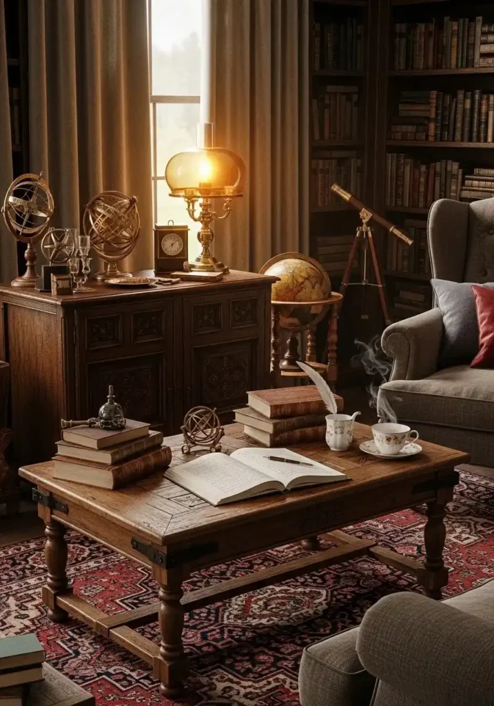 Antique wooden furniture with warm lighting in a dark academia living room.