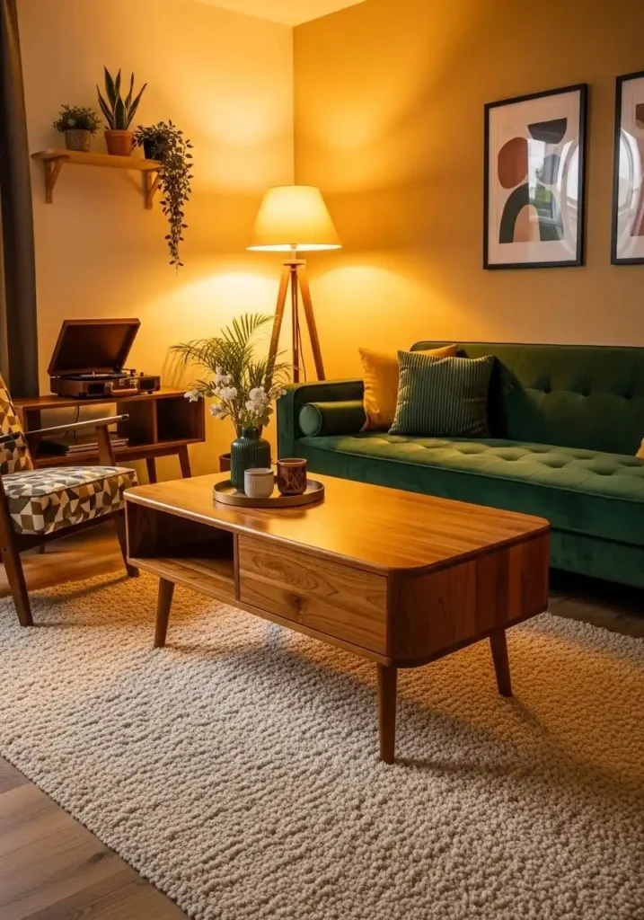Vintage coffee table in 70s living room.