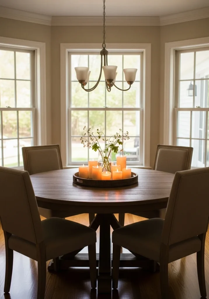 round dining table with decorative tray centerpiece