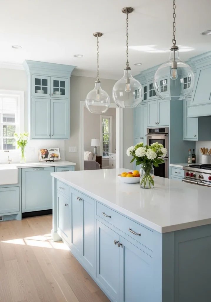 Light blue kitchen cabinets with white countertops creating an airy, bright space.