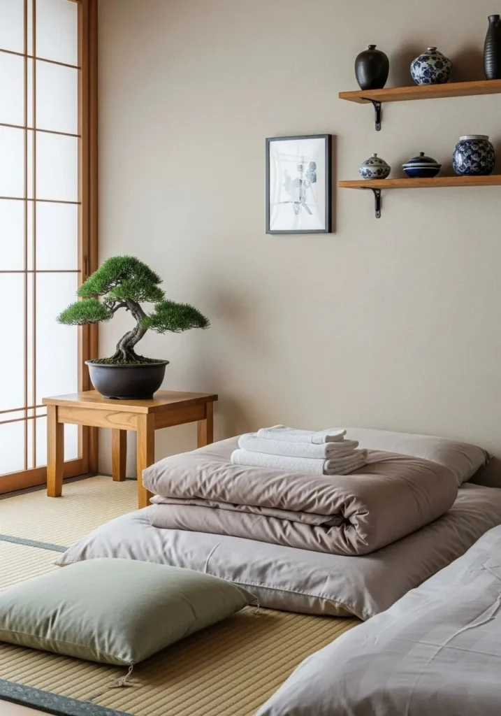 Zen-inspired personal touches in a minimalist Japanese bedroom