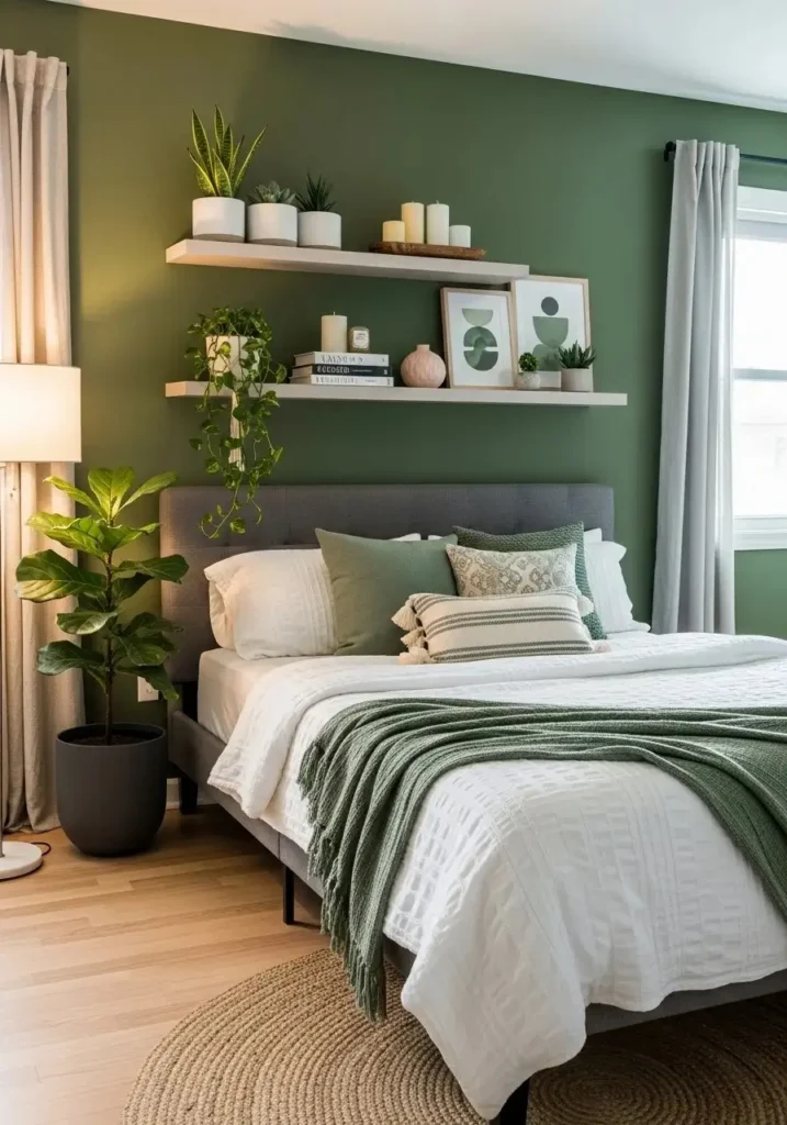 Green accent wall with floating shelves displaying plants and decor in bedroom.
