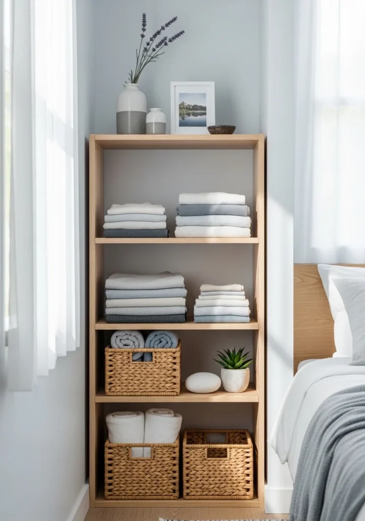 Vertical open shelving maximizing wall space to store clothes in a small bedroom