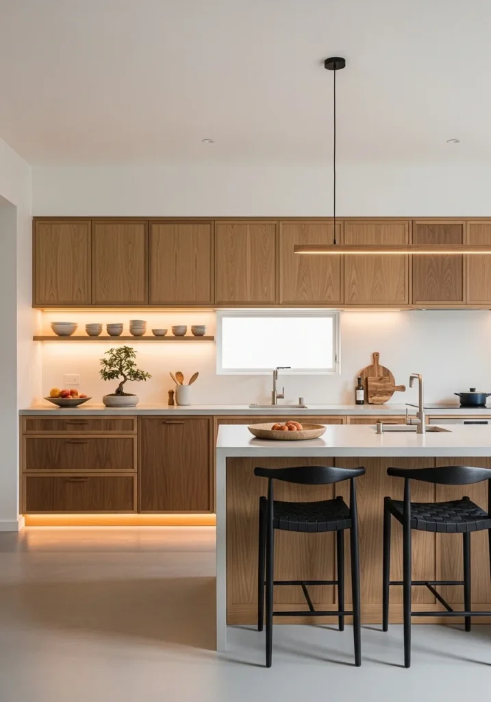 Japandi kitchen with warm under cabinet lighting