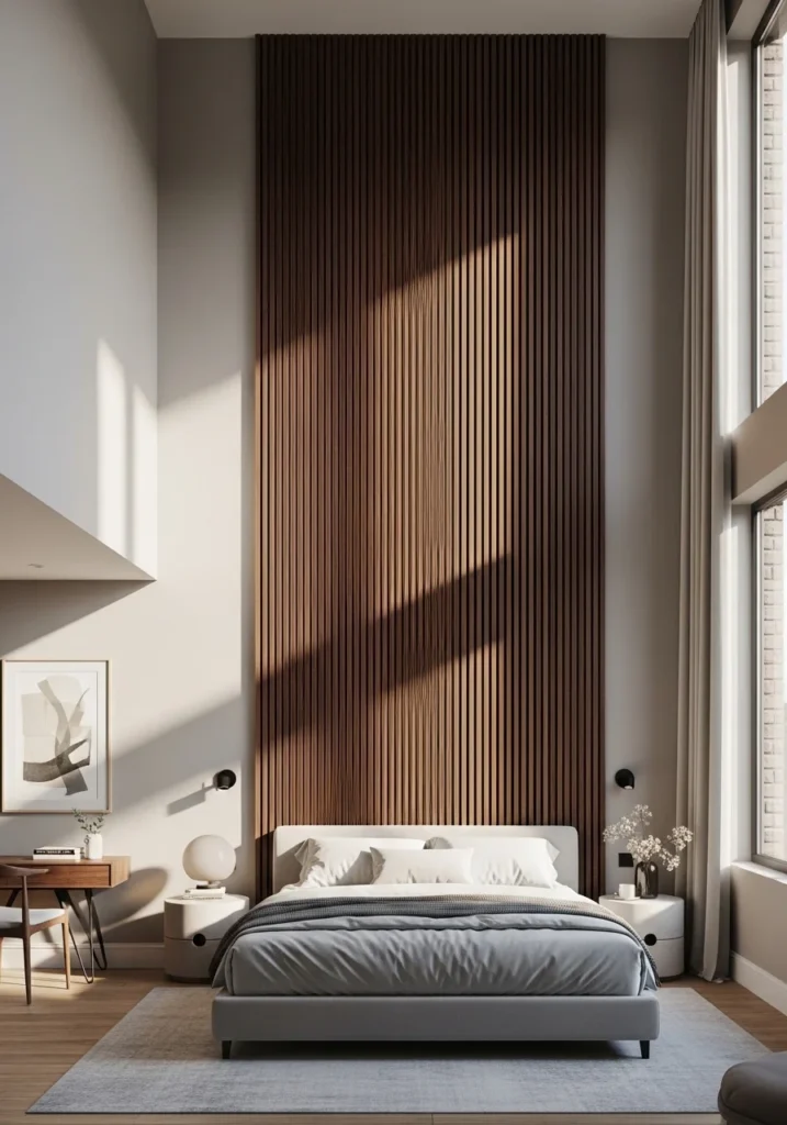Bedroom with vertical walnut wood slat accent wall and neutral bedding.