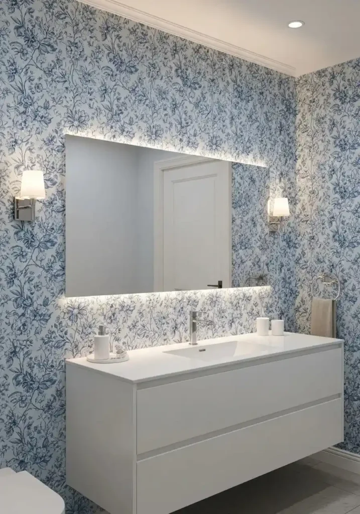 Blue patterned wallpaper accent wall in bathroom.