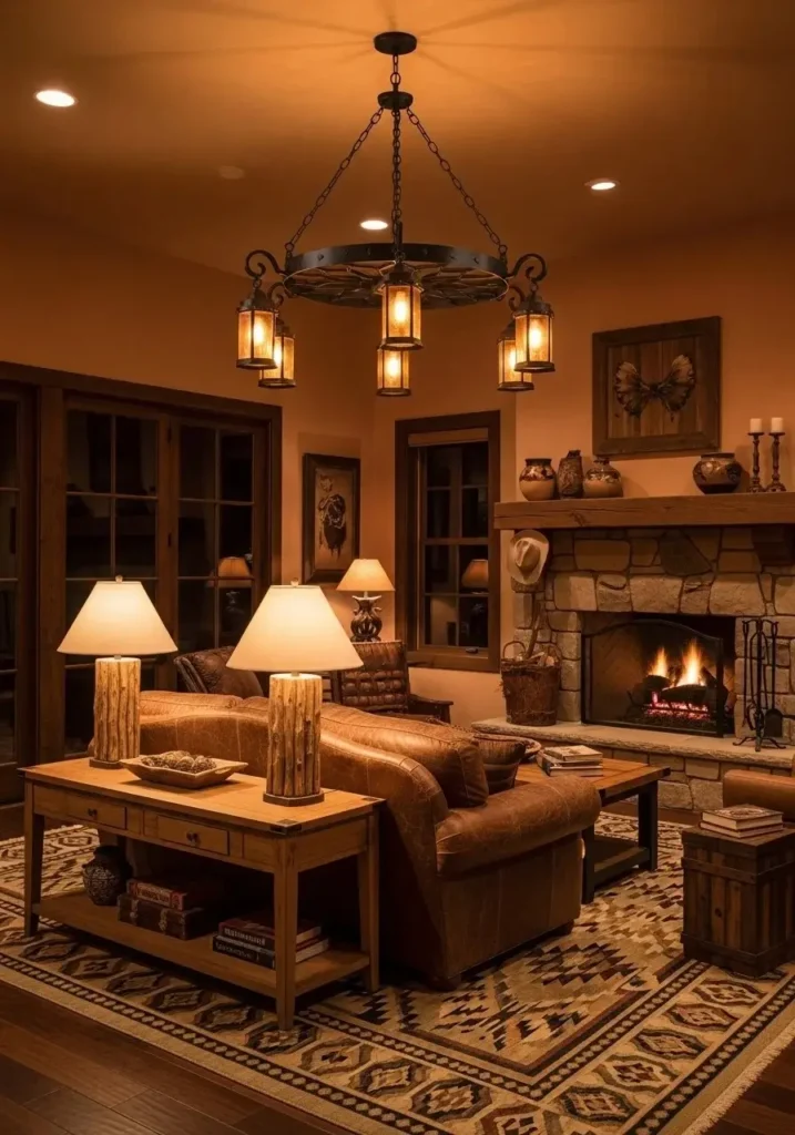 Rustic lighting with wrought iron chandeliers and table lamps in a western living room