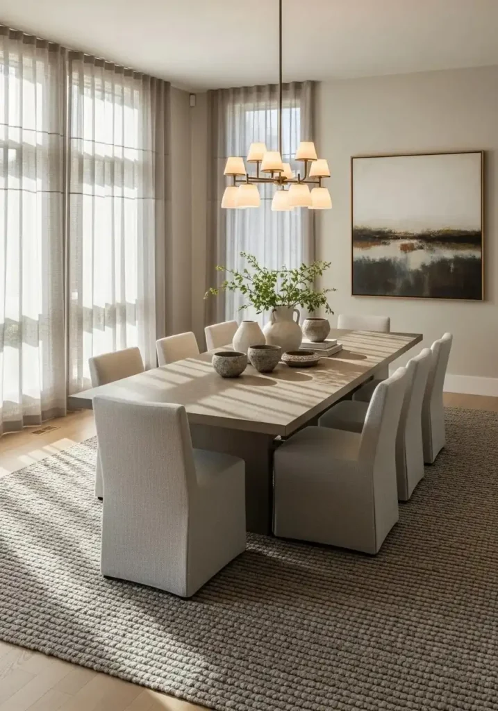Modern dining room with area rug defining the dining space