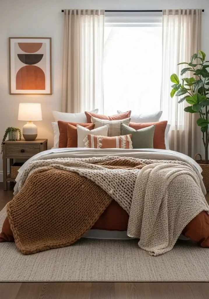 Boho bedroom bed with layered earthy textiles and cozy blankets.