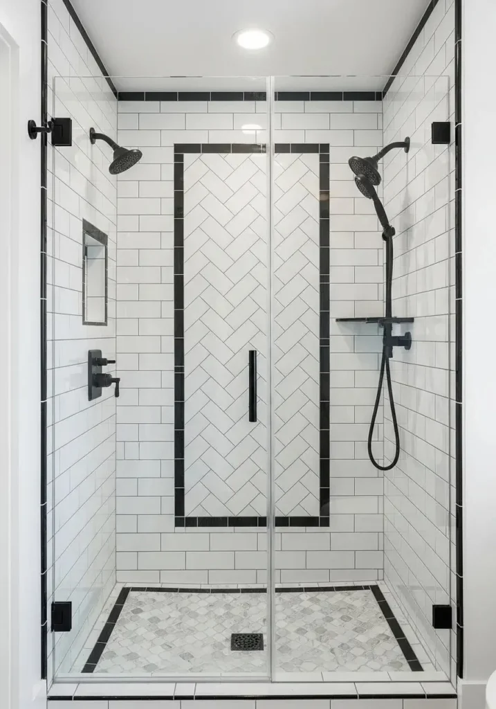 Bathroom with dual shower heads: overhead rainfall and handheld, sleek chrome fixtures, modern luxury shower design