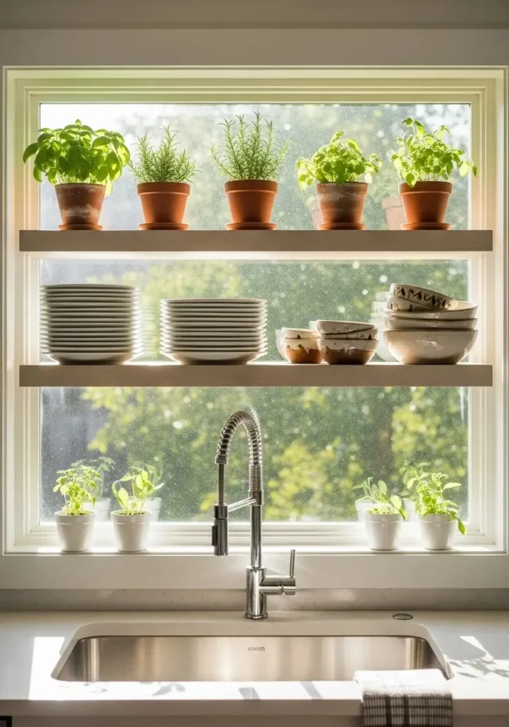 floating shelves above sink kitchen idea