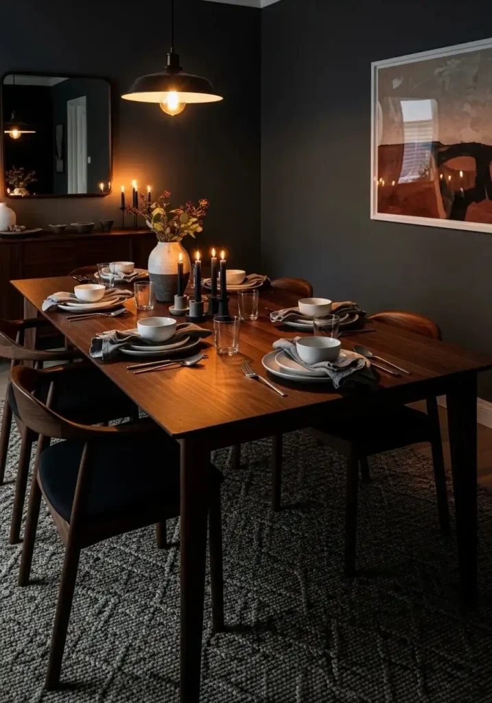 moody dining room with dark wood furniture