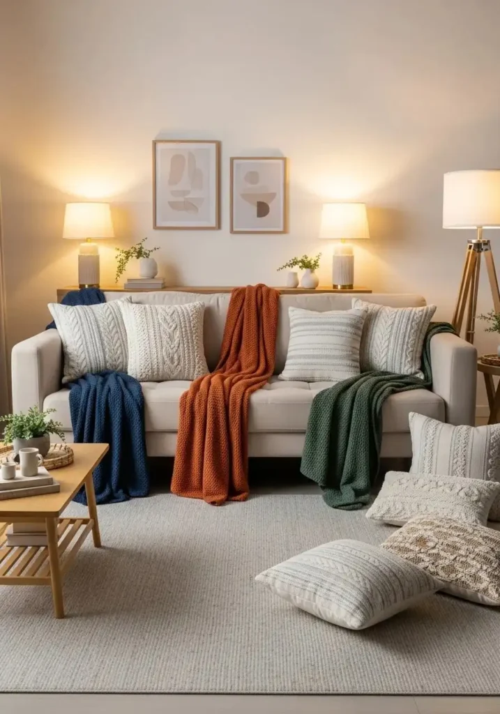 Beige couch with contrasting throw blankets for color pops and a cozy, inviting living room vibe.
