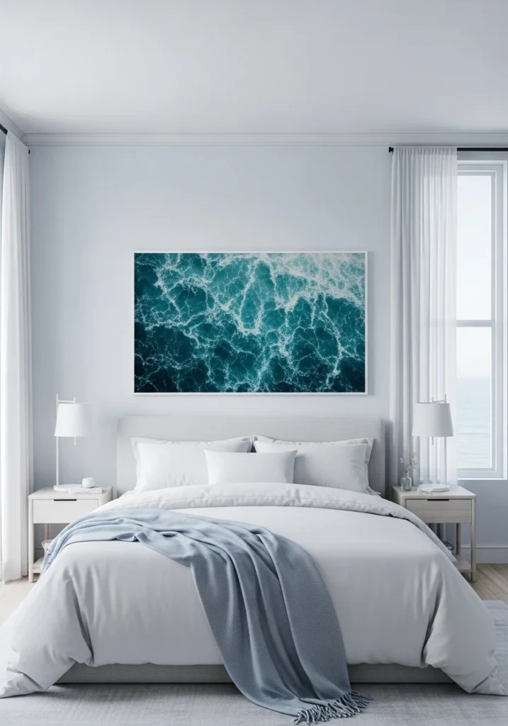 Coastal bedroom with ocean-inspired wall art in soft tones