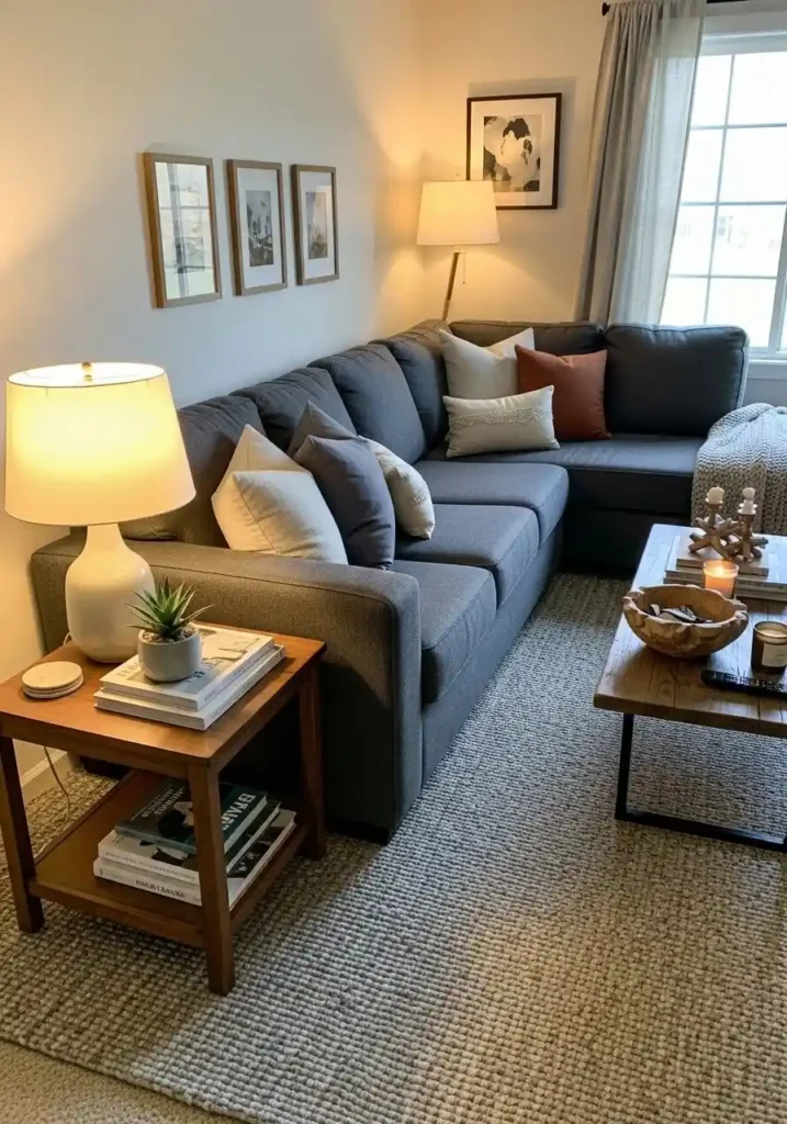Charcoal couch with side table adding function and style to living room.