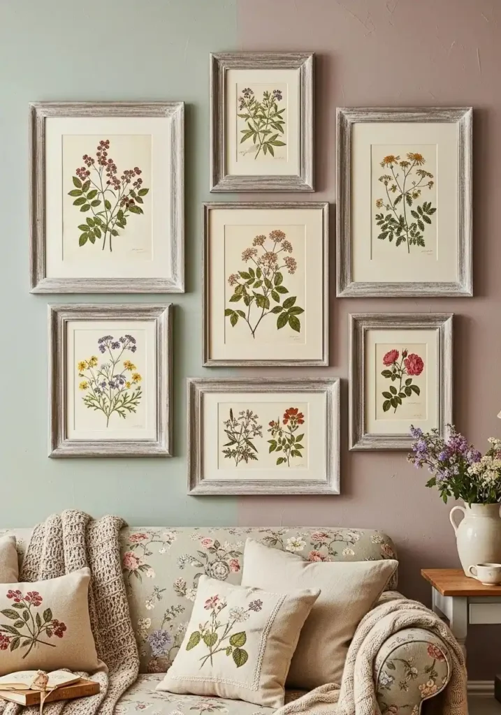 Cottagecore living room wall decorated with vintage botanical art.