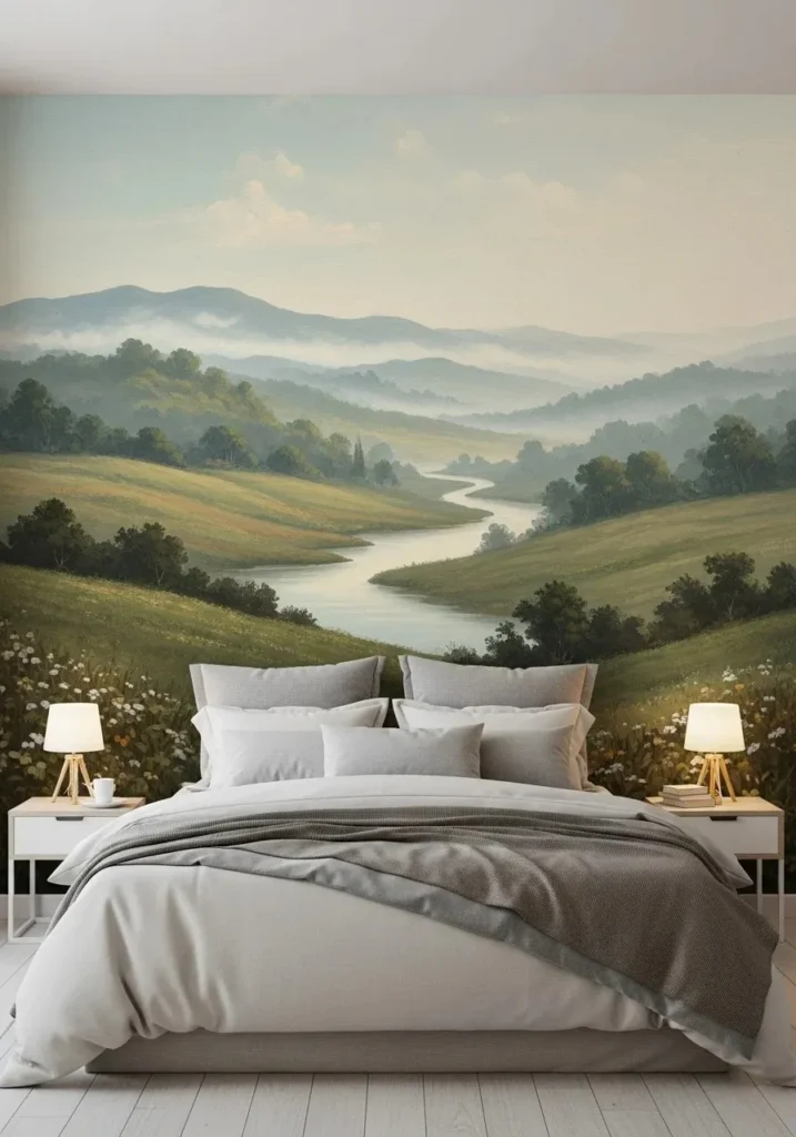 Murals creating a dreamy accent wall in a bedroom.