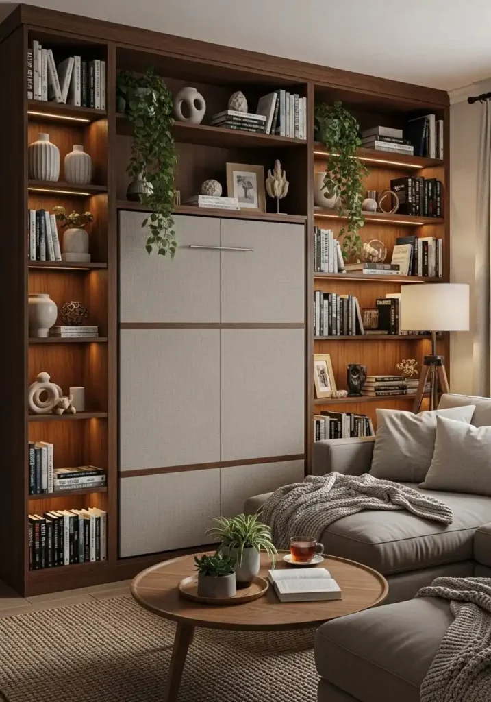 Murphy bed integrated with a full bookshelf wall, combining function and personality.