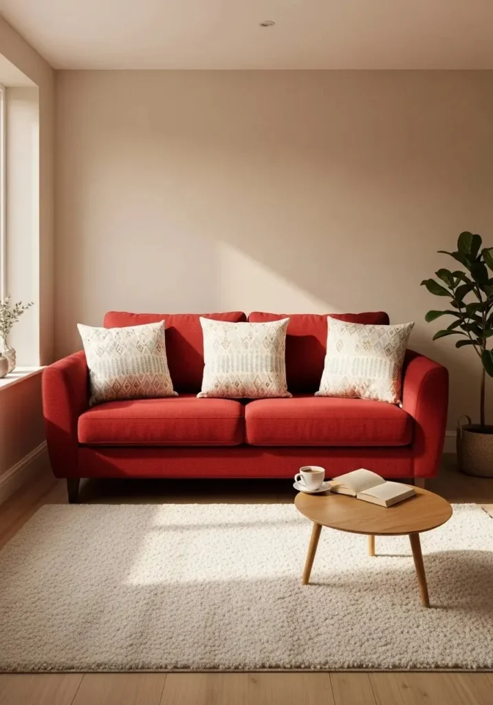 Red sofa with patterned cushions.