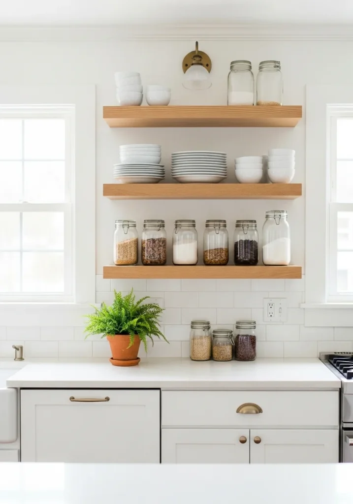 classic wooden floating shelves kitchen with white cabinets