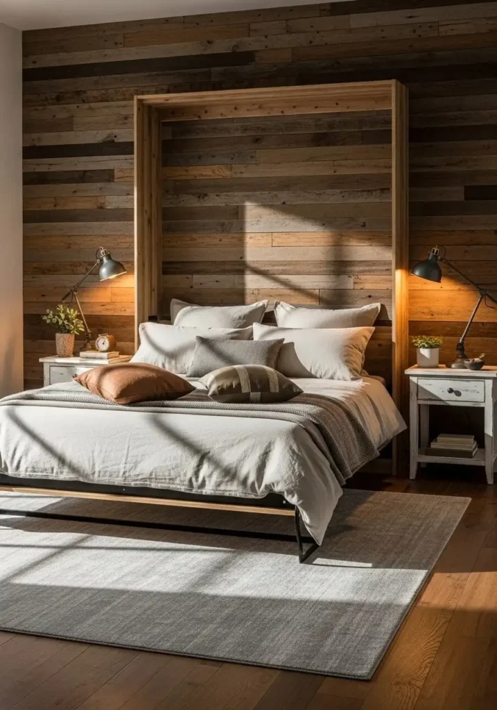 Rustic wood Murphy bed adds warmth and texture to a cozy bedroom space.