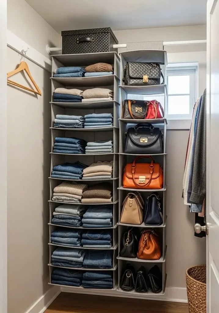 Hanging closet organizer using vertical space to store clothes in a small bedroom