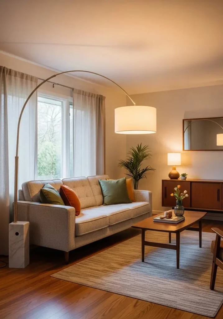 mid century modern living room with floor lamp