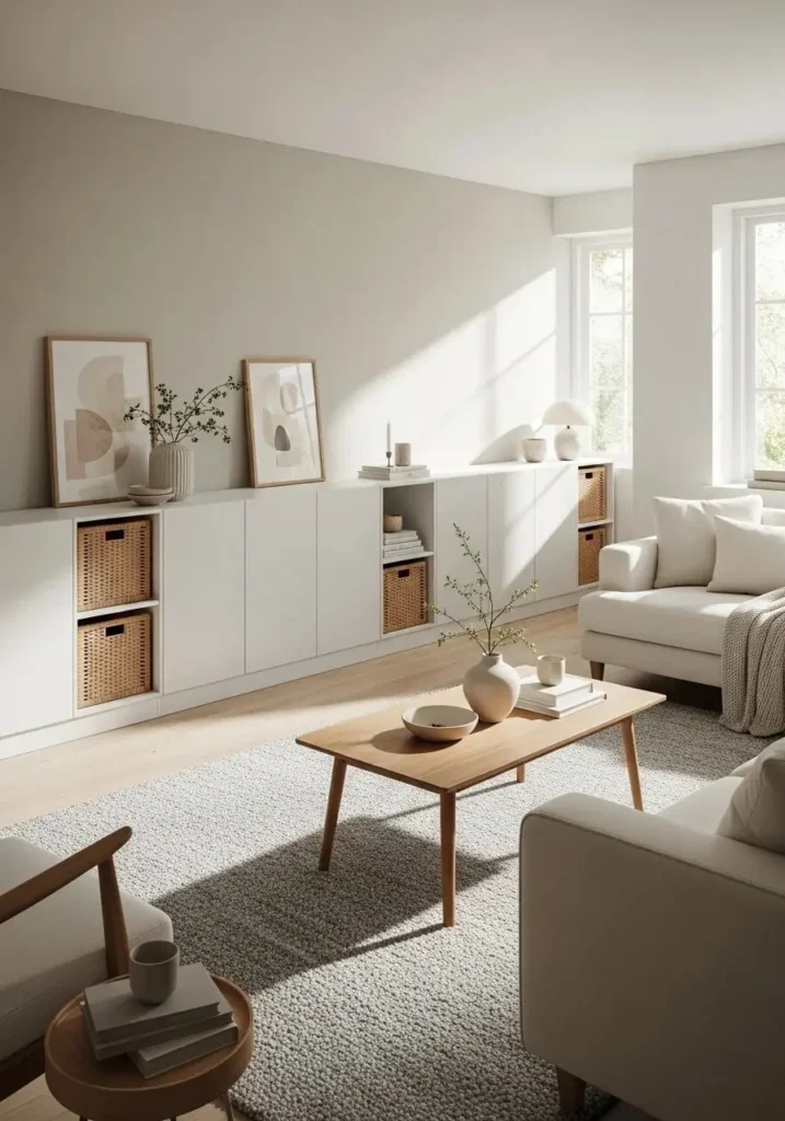Scandinavian living room with stylish hidden storage.