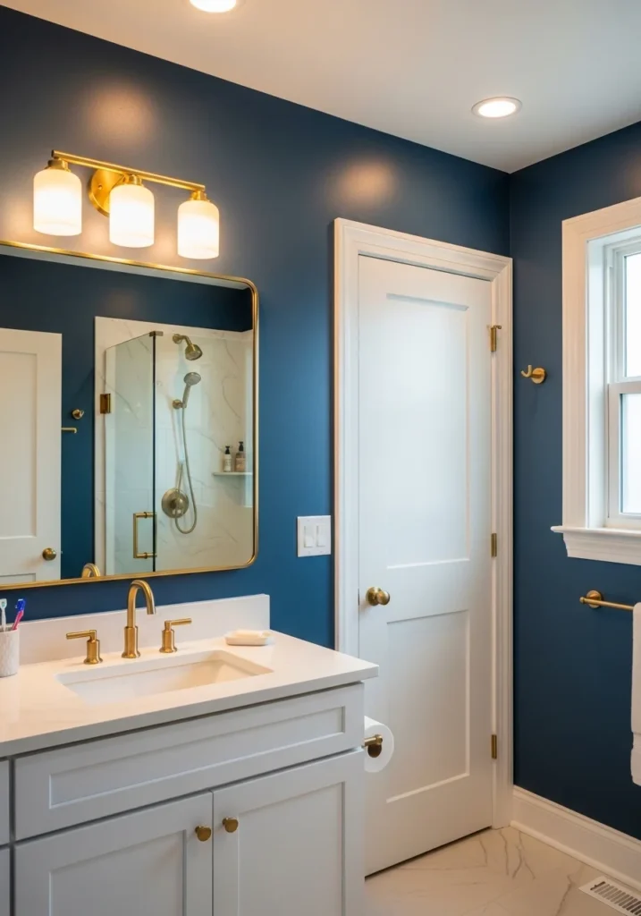 Navy and white bathroom with contrasting accents.