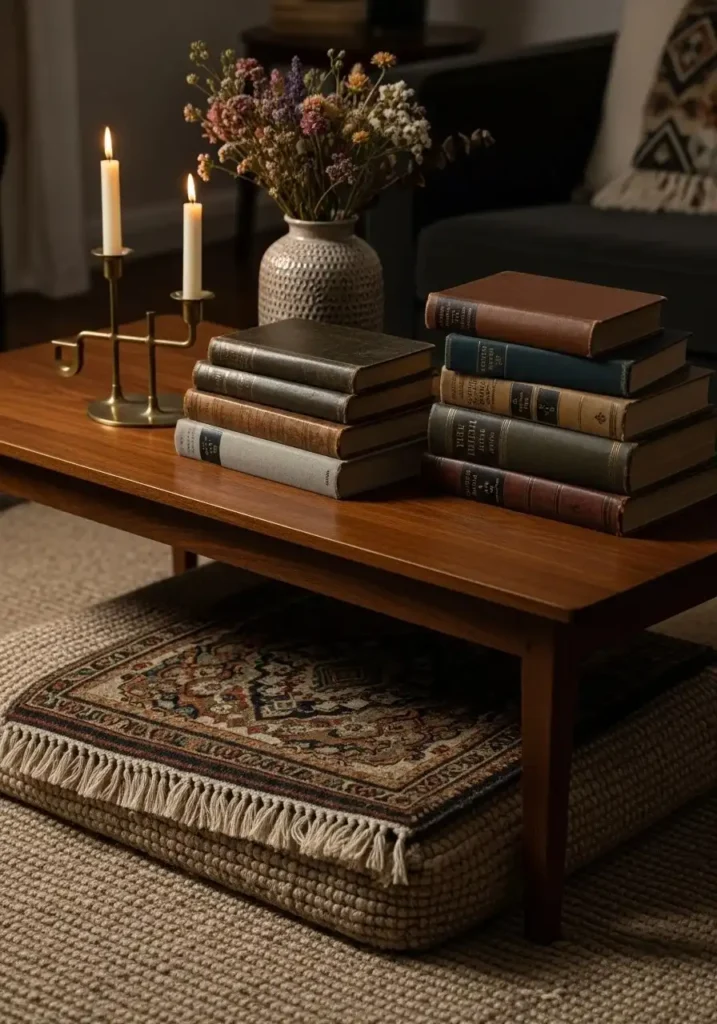 Styled dark wood coffee table in a cozy dark academia living room.